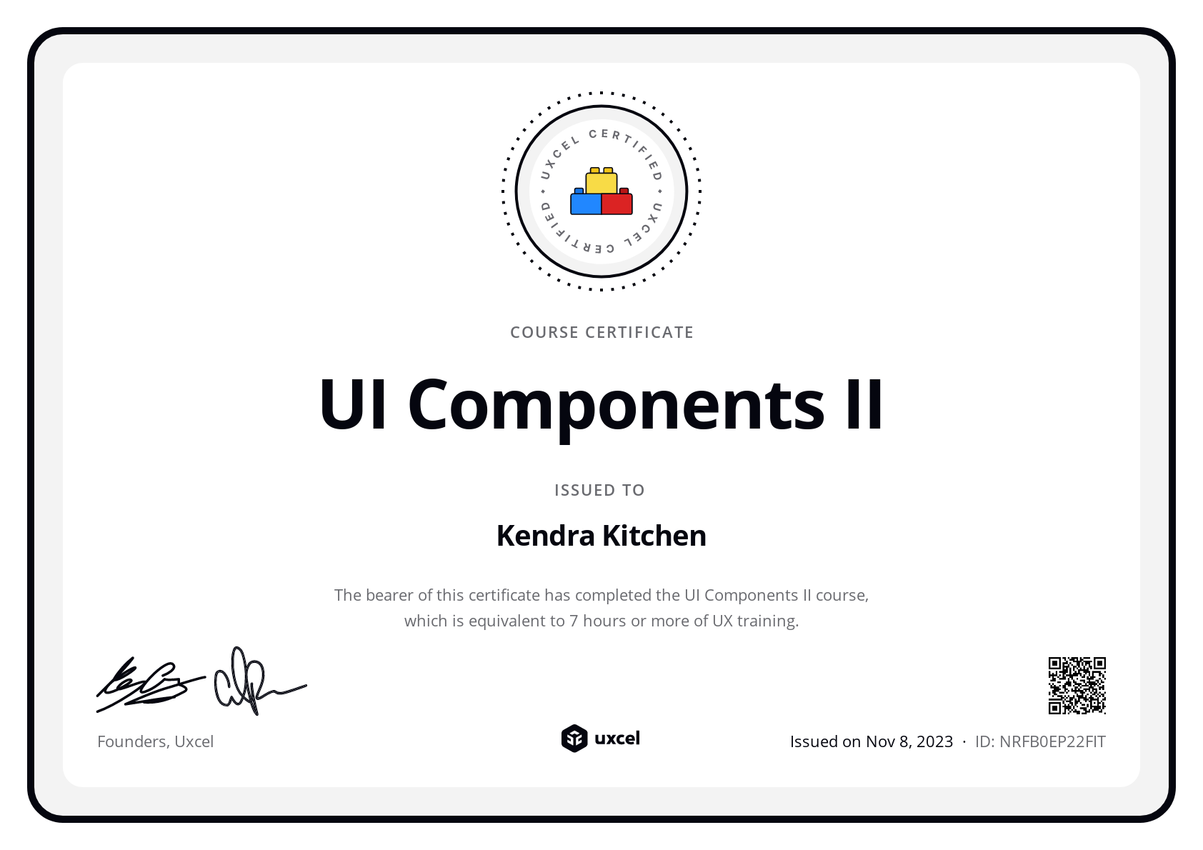 Kendra Kitchen's certificate
